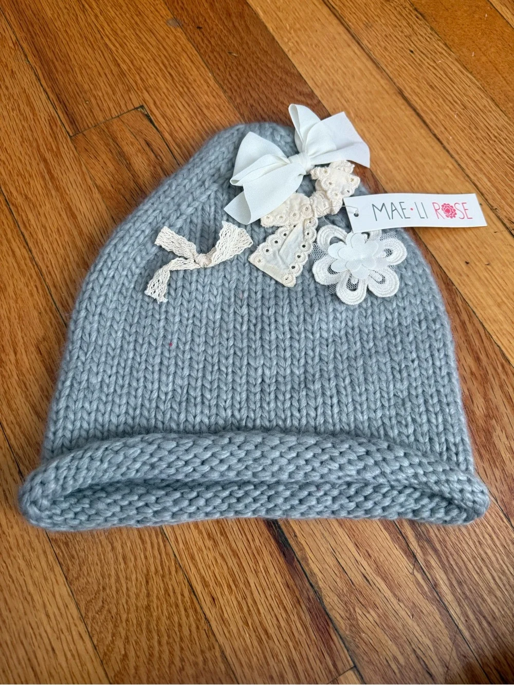 Kids Gray Knit Bow & Flower Beanie